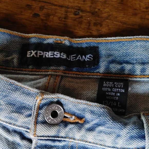 Express Distressed Jeans Womens size 13/14 L Low rise Boot Cut RIpped raw hem - Picture 3 of 6